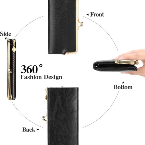 Elegant Vintage Women's Bifold Wallet with Kiss-Lock – Compact Black Clutch - Picture 7 of 8